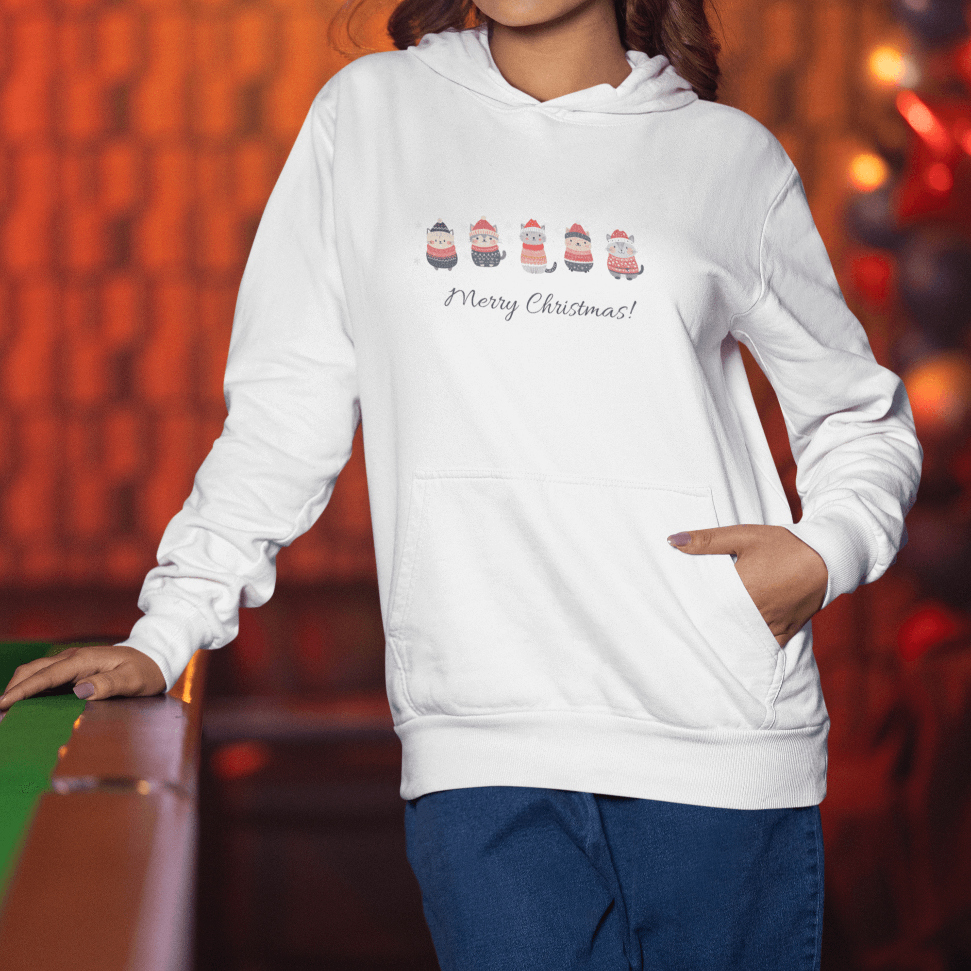 Festive white hoodie with cute Christmas cats and 