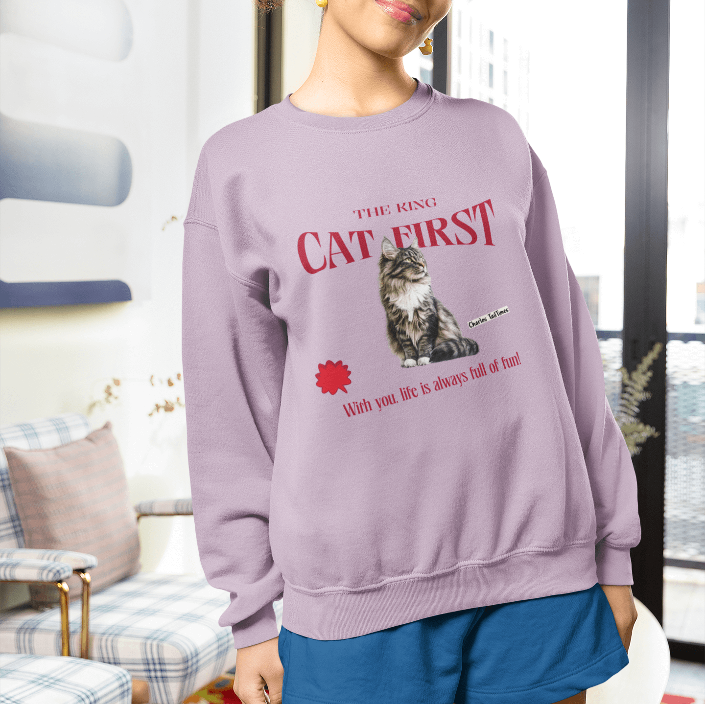 Lavender sweatshirt with a Maine Coon cat graphic and 