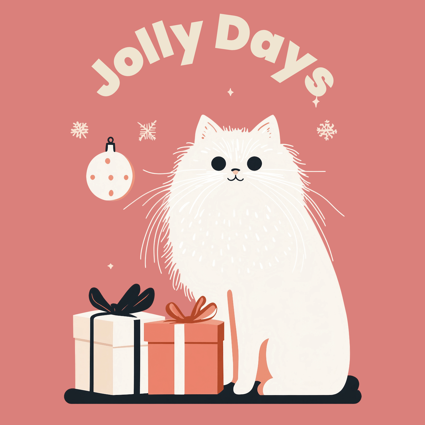 Christmas illustration on a pink background featuring the phrase "Jolly Days," a white cat, gift boxes, and the text "Warm Wishes!" creating a cute and cozy festive vibe.