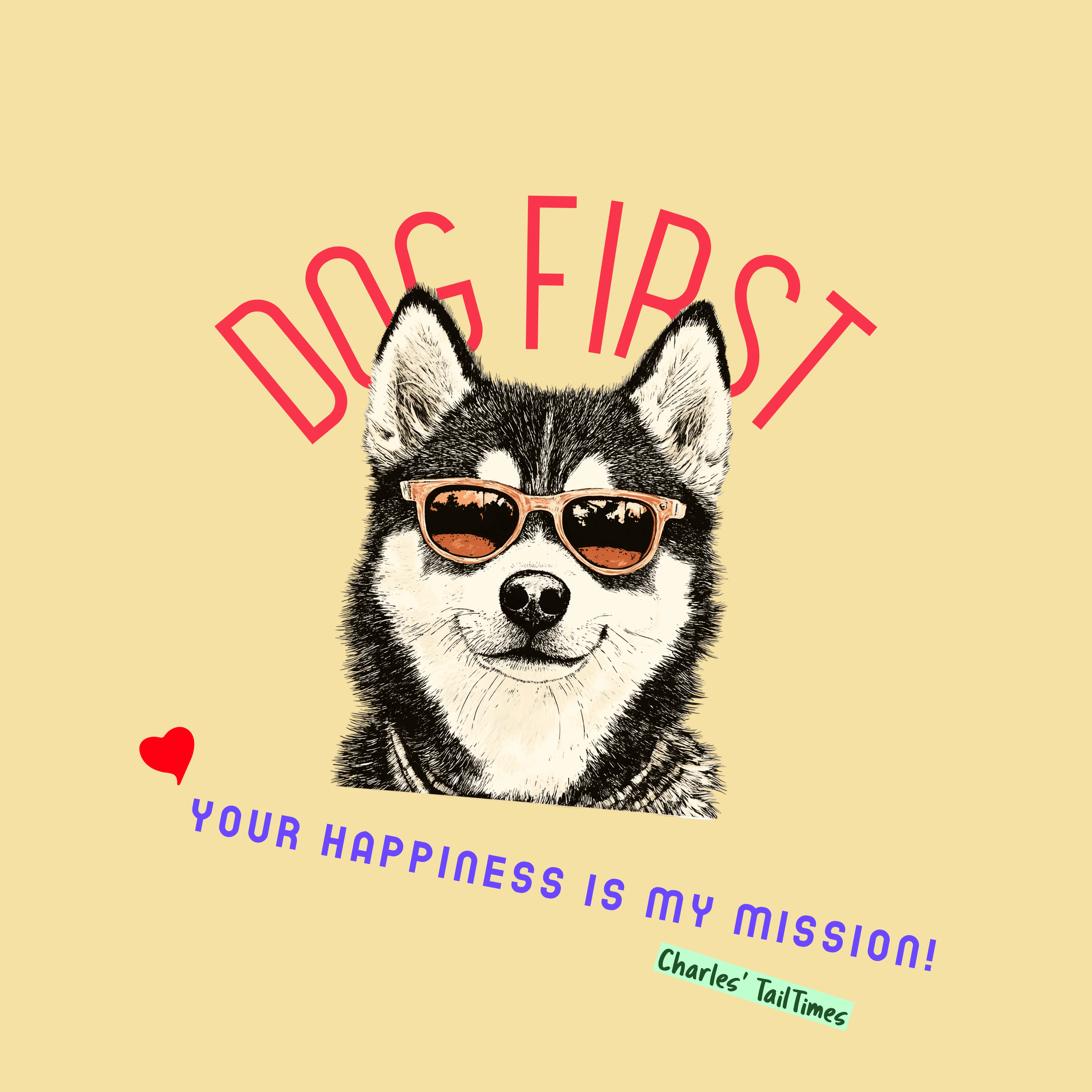 Illustration design on a light yellow background featuring a Husky wearing sunglasses, with the text 