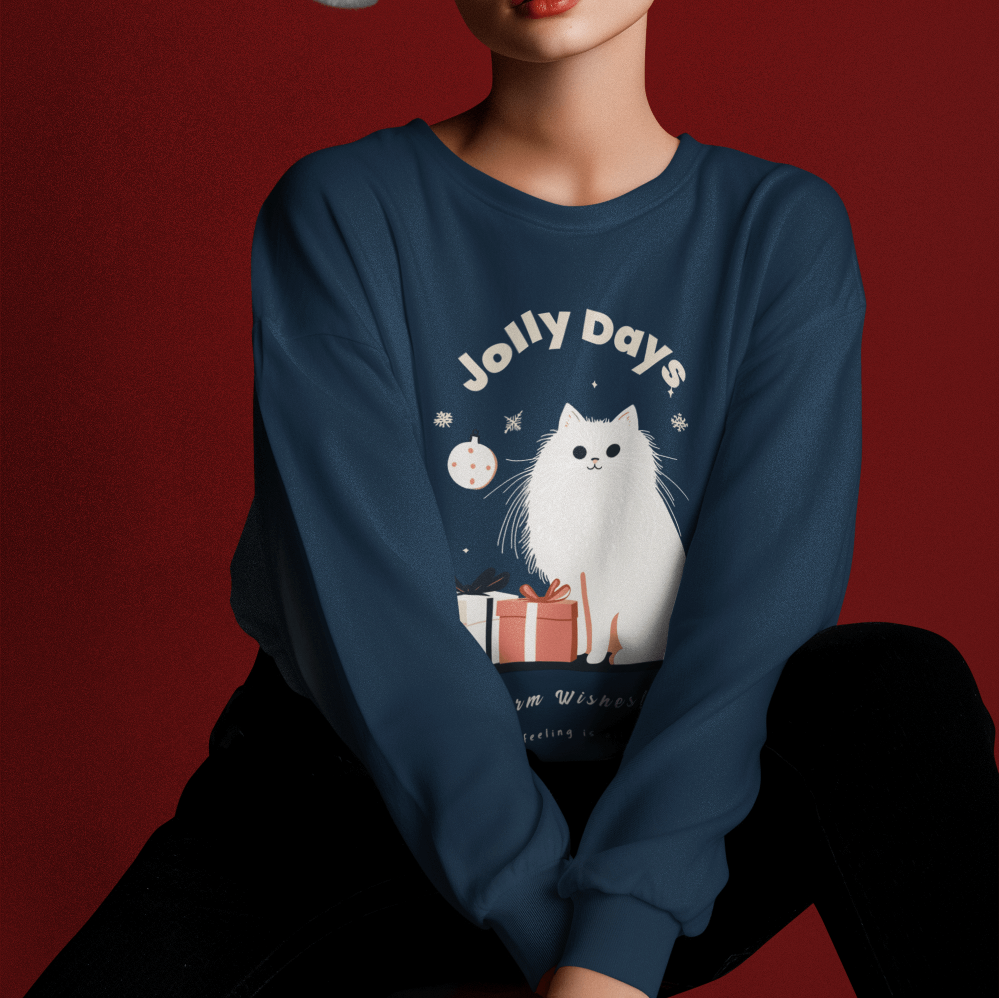 A young woman wearing a Santa hat and a deep blue Christmas-themed sweatshirt stands against a dark red background, exuding a minimalist and elegant holiday vibe. The sweatshirt features the phrase 