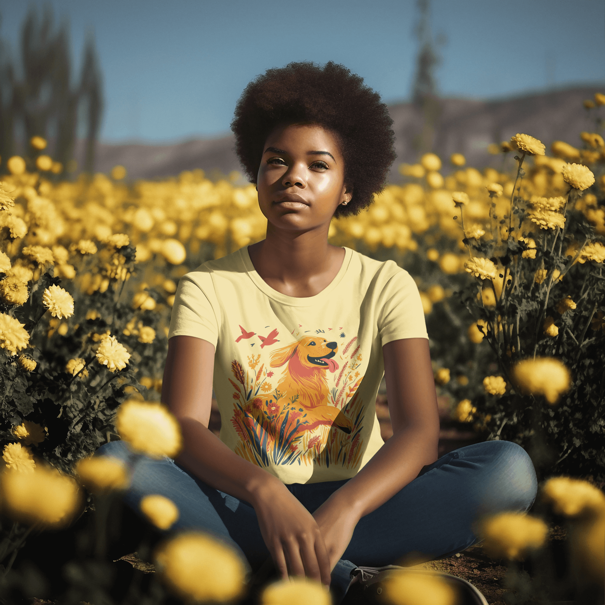 A young woman wearing a light yellow T-shirt featuring an illustration of a golden retriever and wildflowers, sitting amidst a field of vibrant yellow blooms, with a warm and lively natural backdrop.