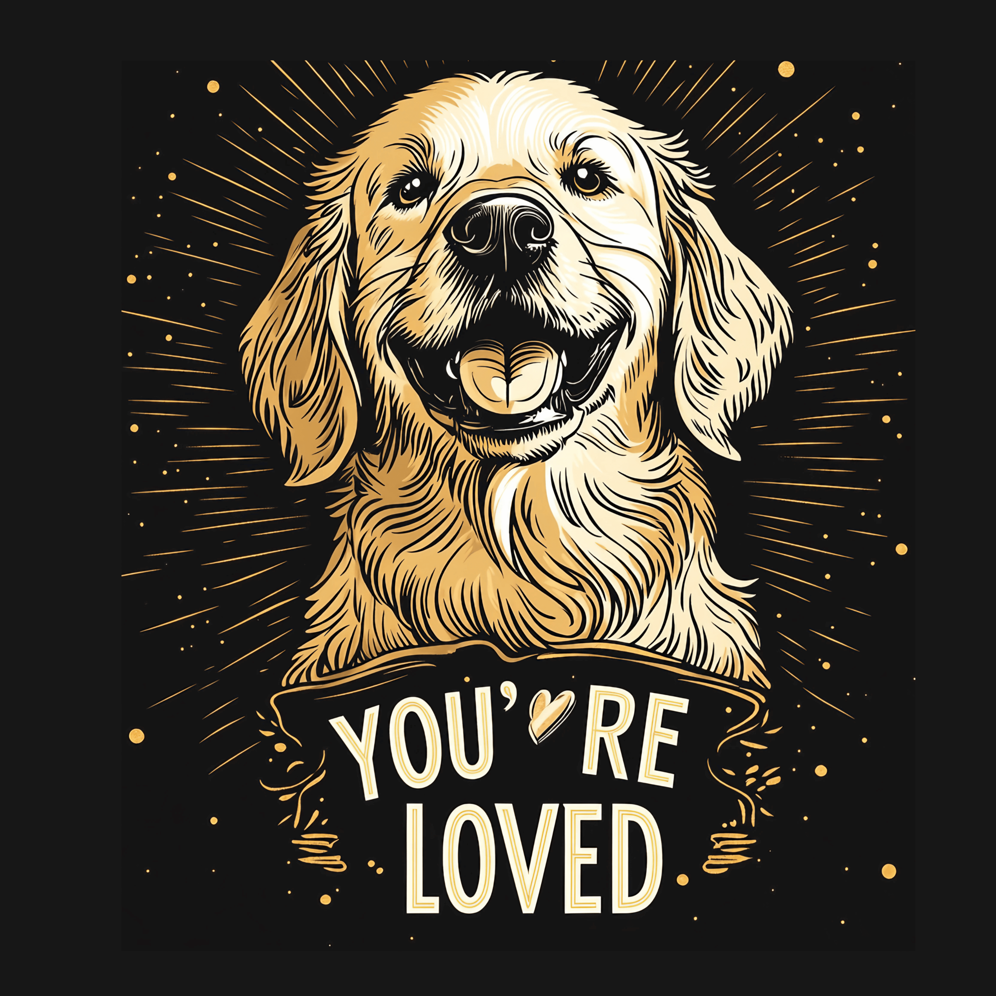 Illustration of a smiling Golden Retriever on a black background, surrounded by radiant lines and the phrase 