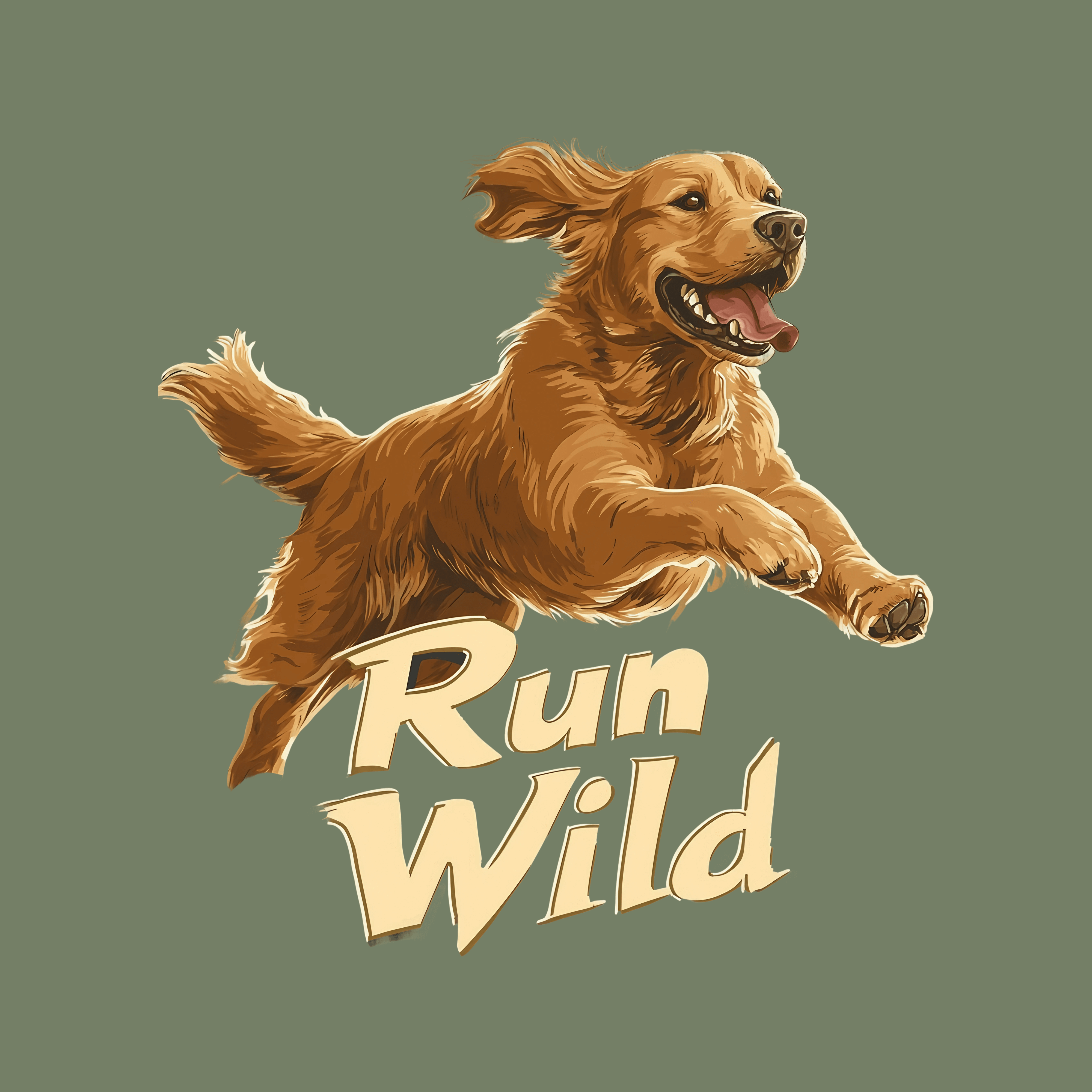 Illustration of a running Golden Retriever on a green background with the text 