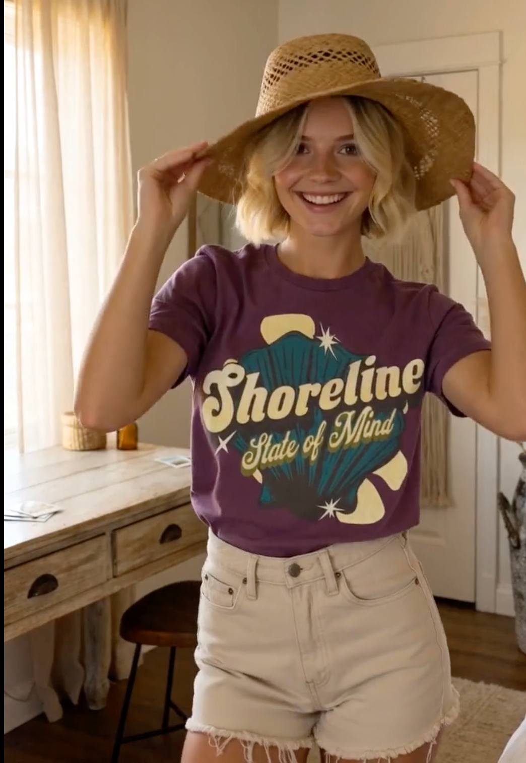 Woman wearing a Shoreline State of Mind Tee – Berry, smiling and holding a straw hat.