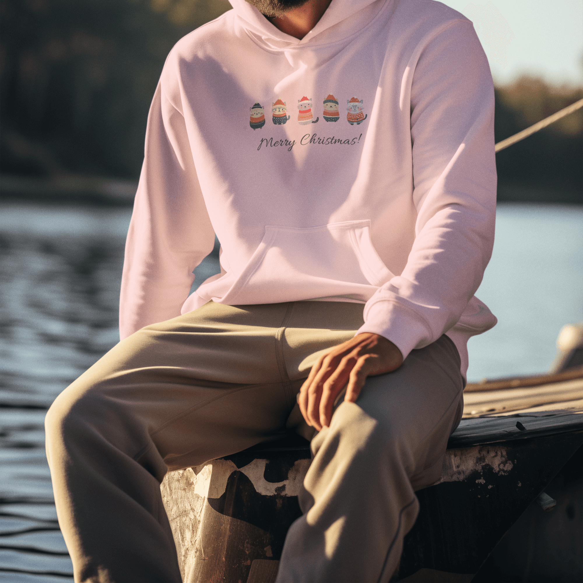 Relaxed fit pastel pink hoodie with cat design and 'Merry Christmas!' text, perfect for festive cat lovers.