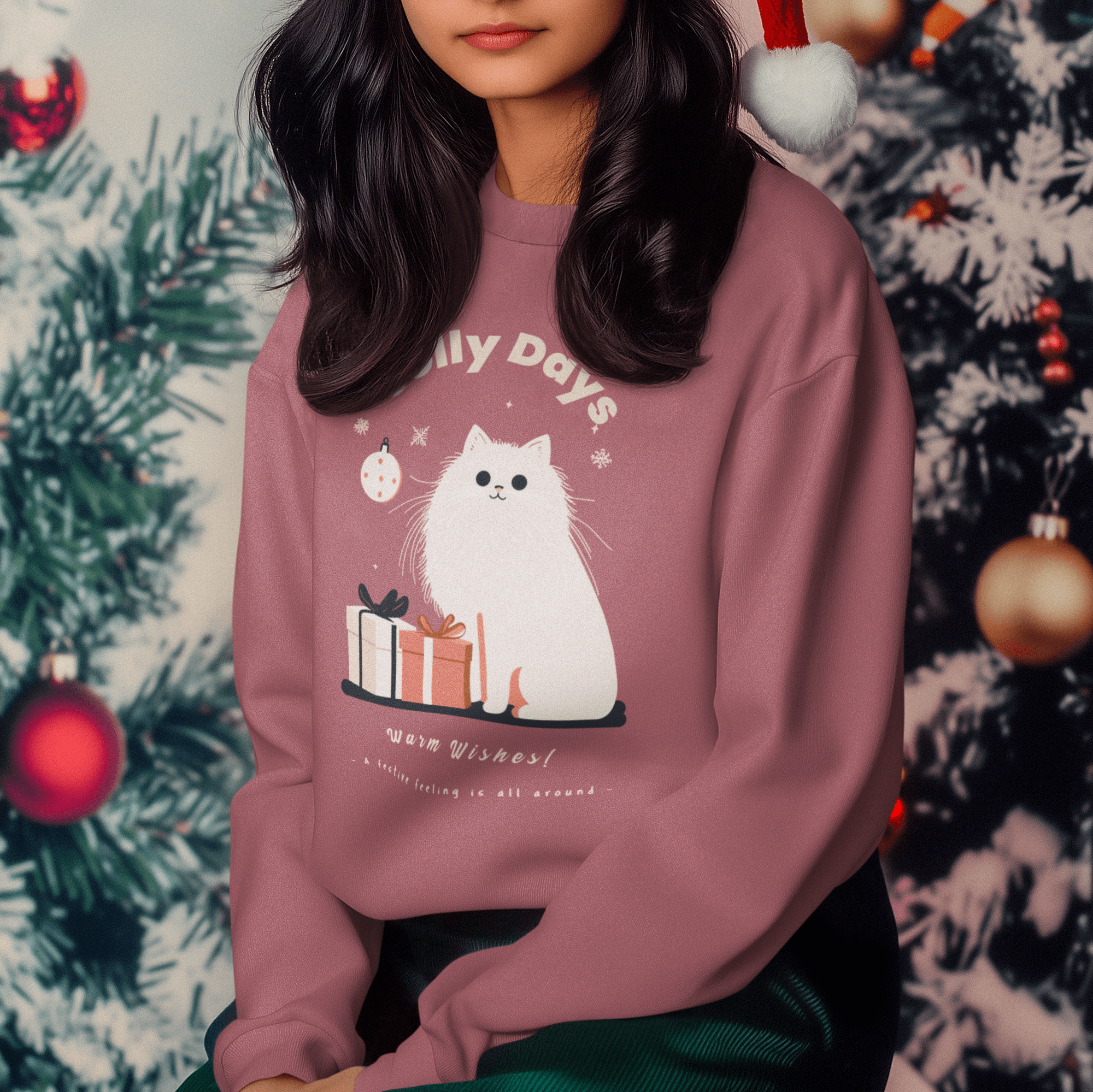 A young woman wearing a pink Christmas-themed sweatshirt and a Santa hat, with a background of a Christmas tree adorned with red and gold ornaments. The sweatshirt features the phrase 