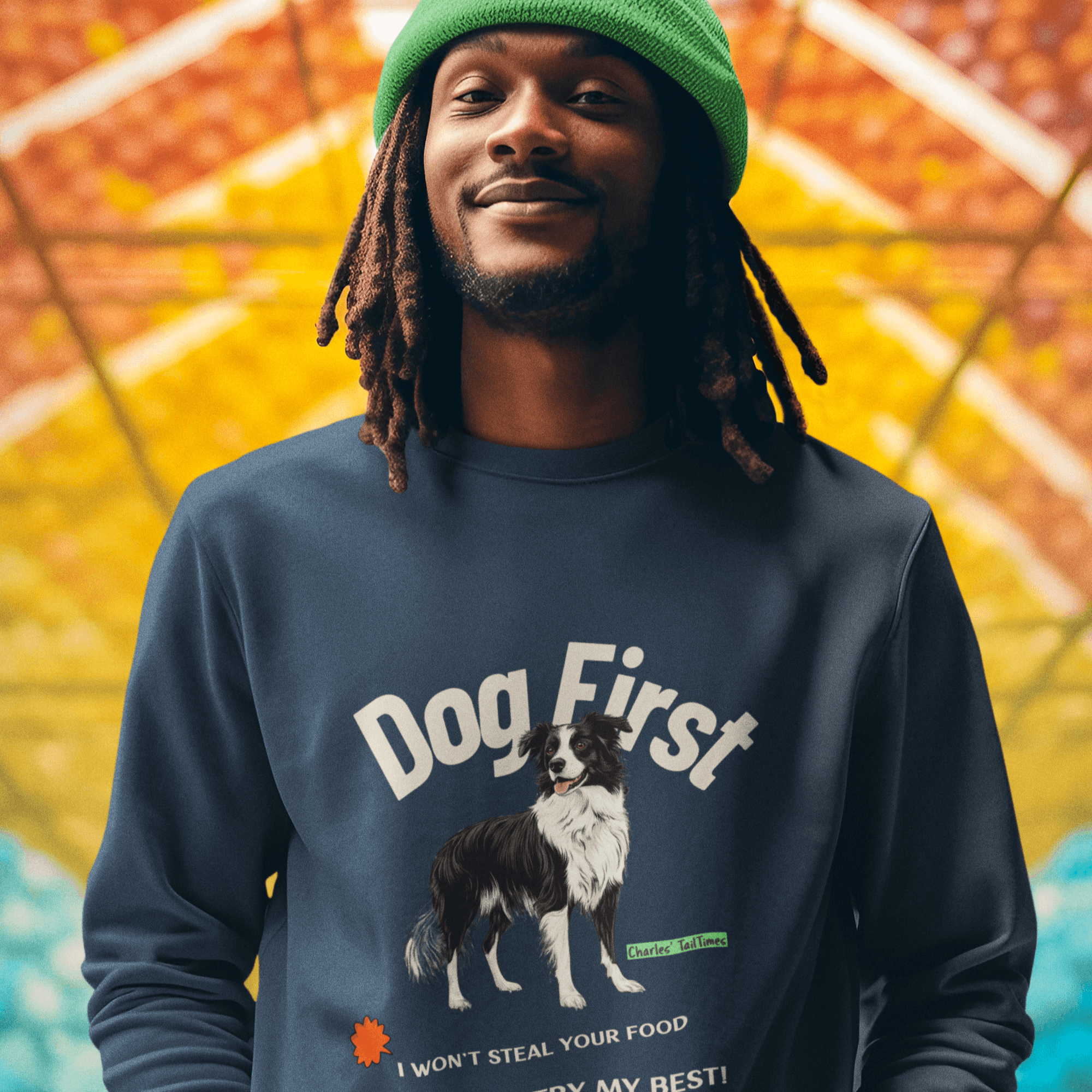 Navy blue sweatshirt featuring a Border Collie illustration with the text 