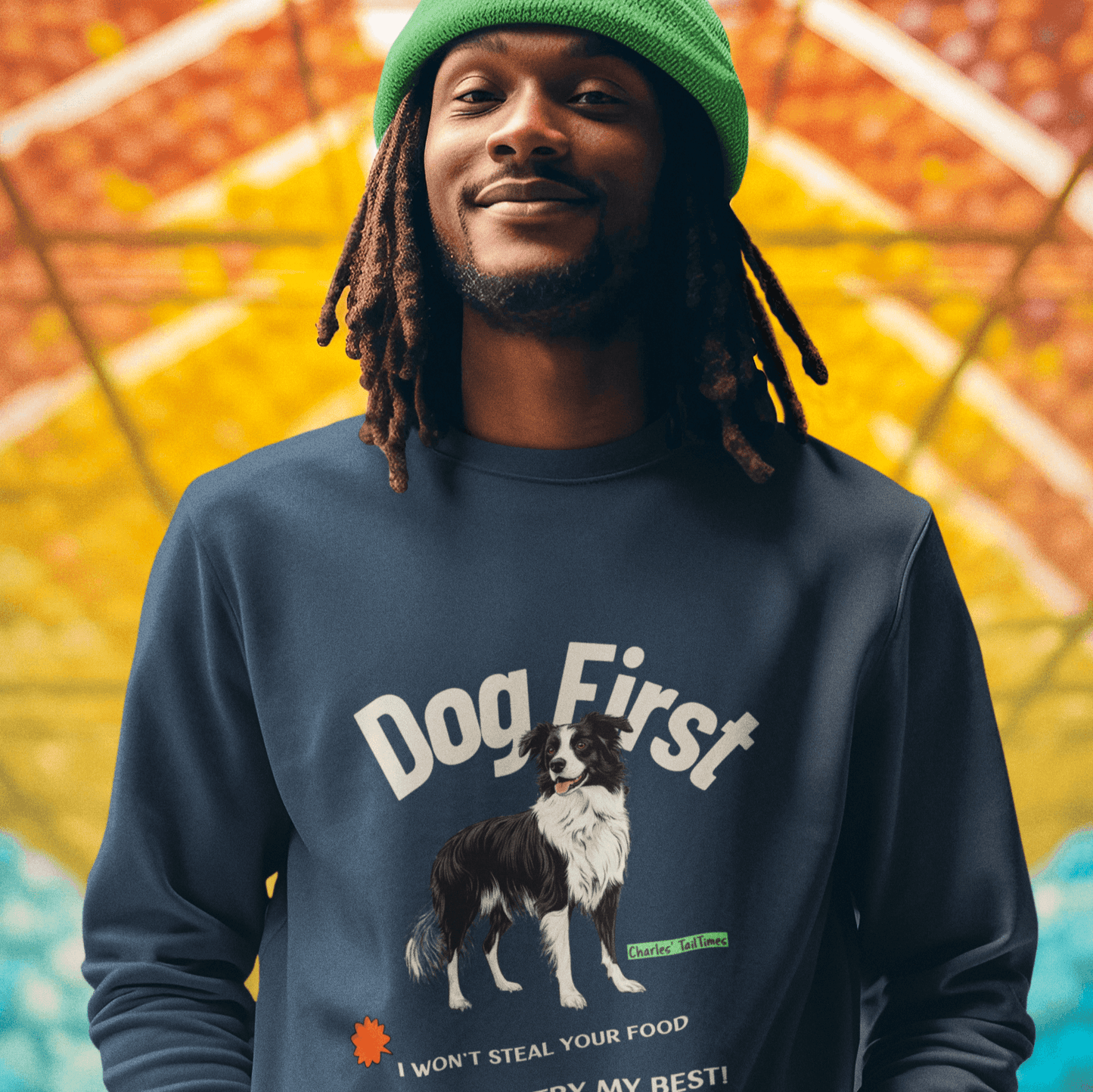 Navy blue sweatshirt featuring a Border Collie illustration with the text "Dog First" in bold white, accompanied by the phrases "I won't steal your food, but I will try my best!" and Charles TailTimes branding.