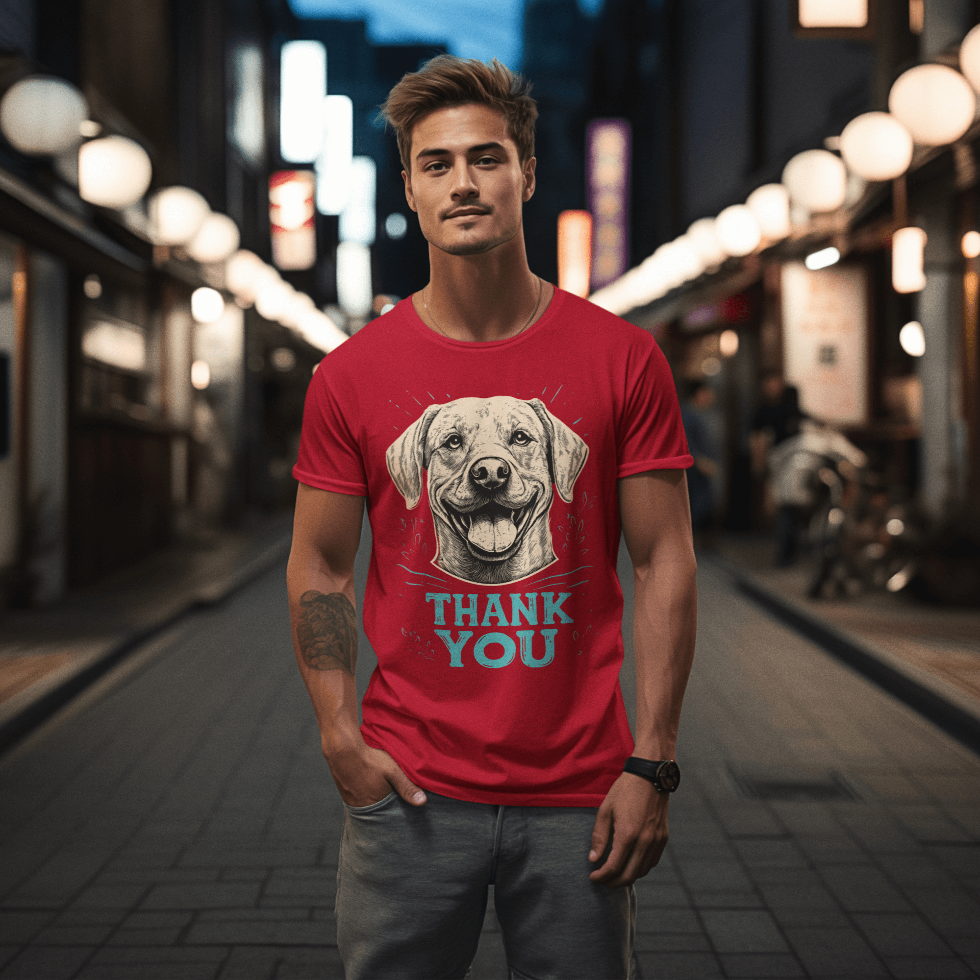 A man standing on a well-lit street at night, wearing a red T-shirt featuring a smiling dog illustration and the text 