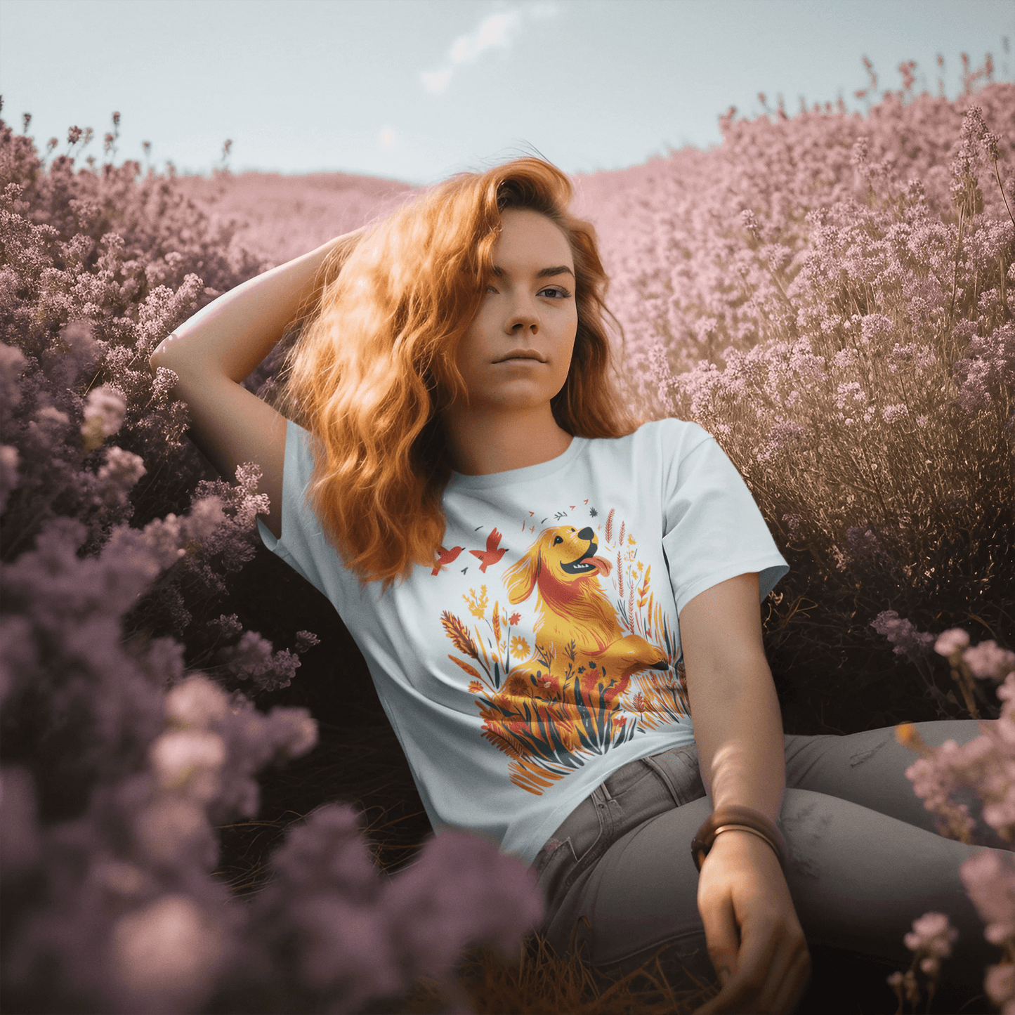 A young woman wearing a white round-neck T-shirt featuring an illustration of a golden retriever and wildflowers, leisurely lying in a field filled with purple blossoms, with a serene and natural backdrop.