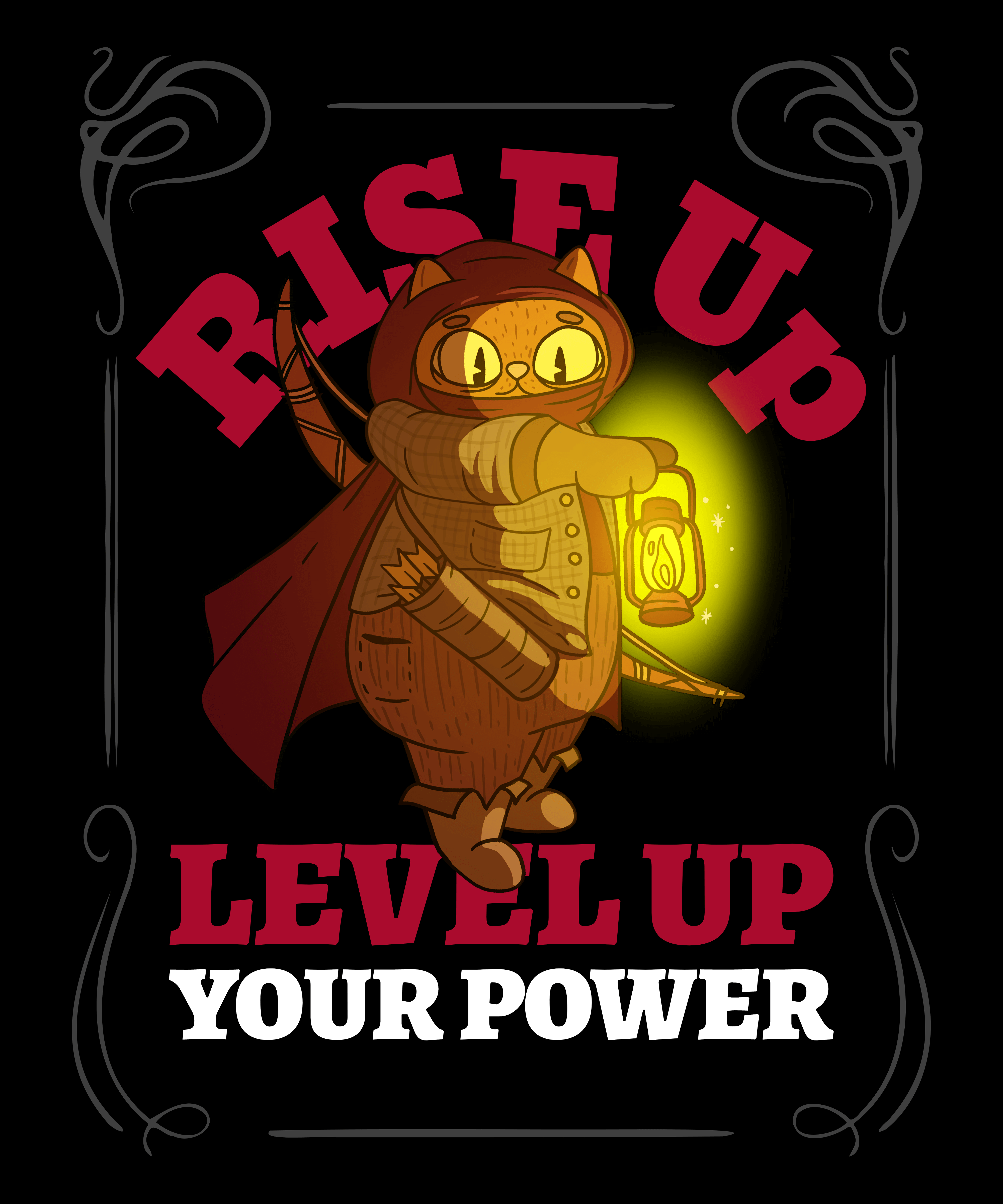 Illustration of a warrior cat in a hooded cloak holding a glowing lantern, accompanied by the text 'RISE UP' in bold red and 'LEVEL UP YOUR POWER' in white and red below.