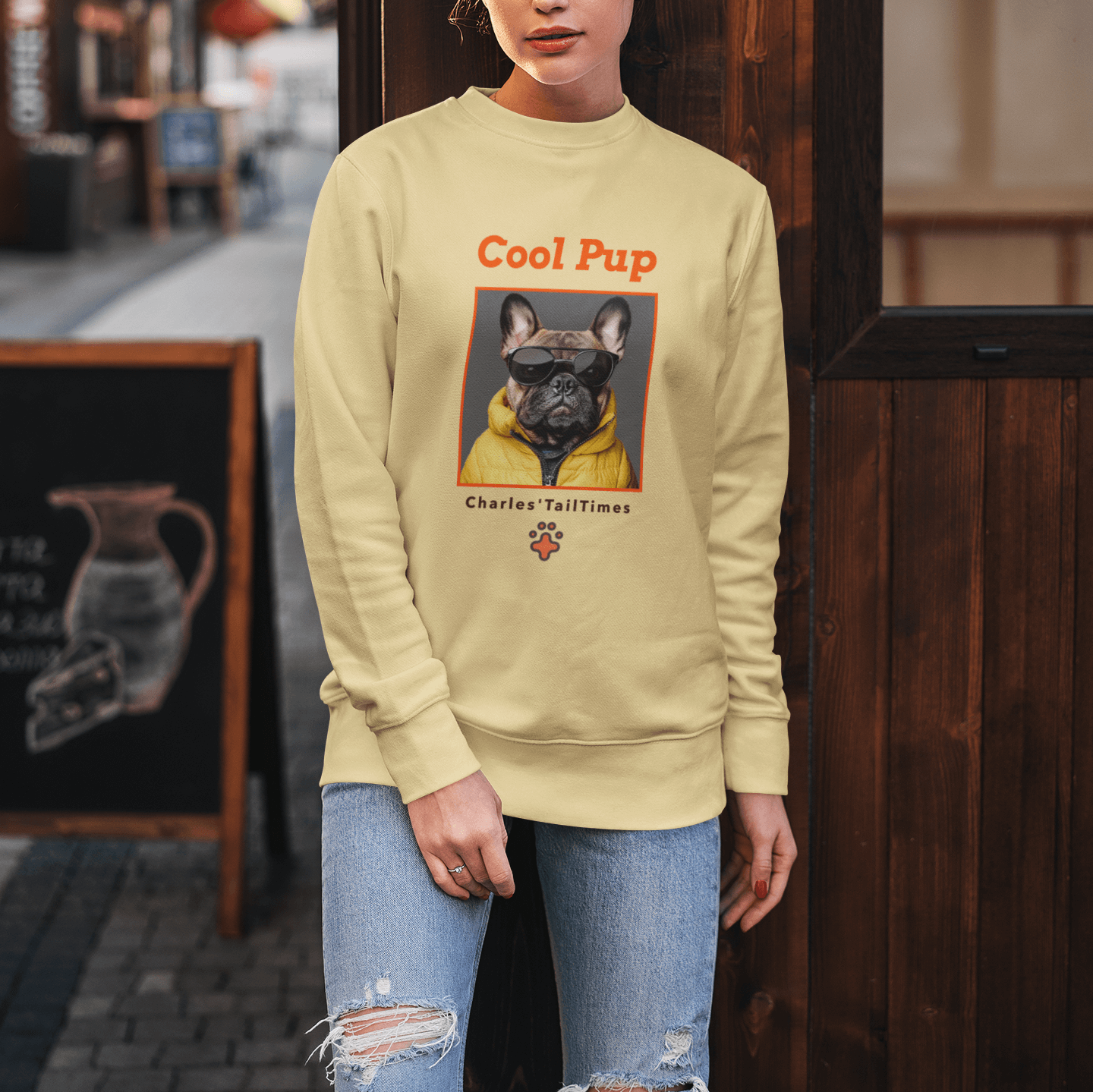 Cool Pup" sweatshirt features a French Bulldog wearing a yellow jacket and sunglasses, with the brand name "Charles' TailTimes" displayed. The female model is standing in front of a wooden wall with a street-like background.