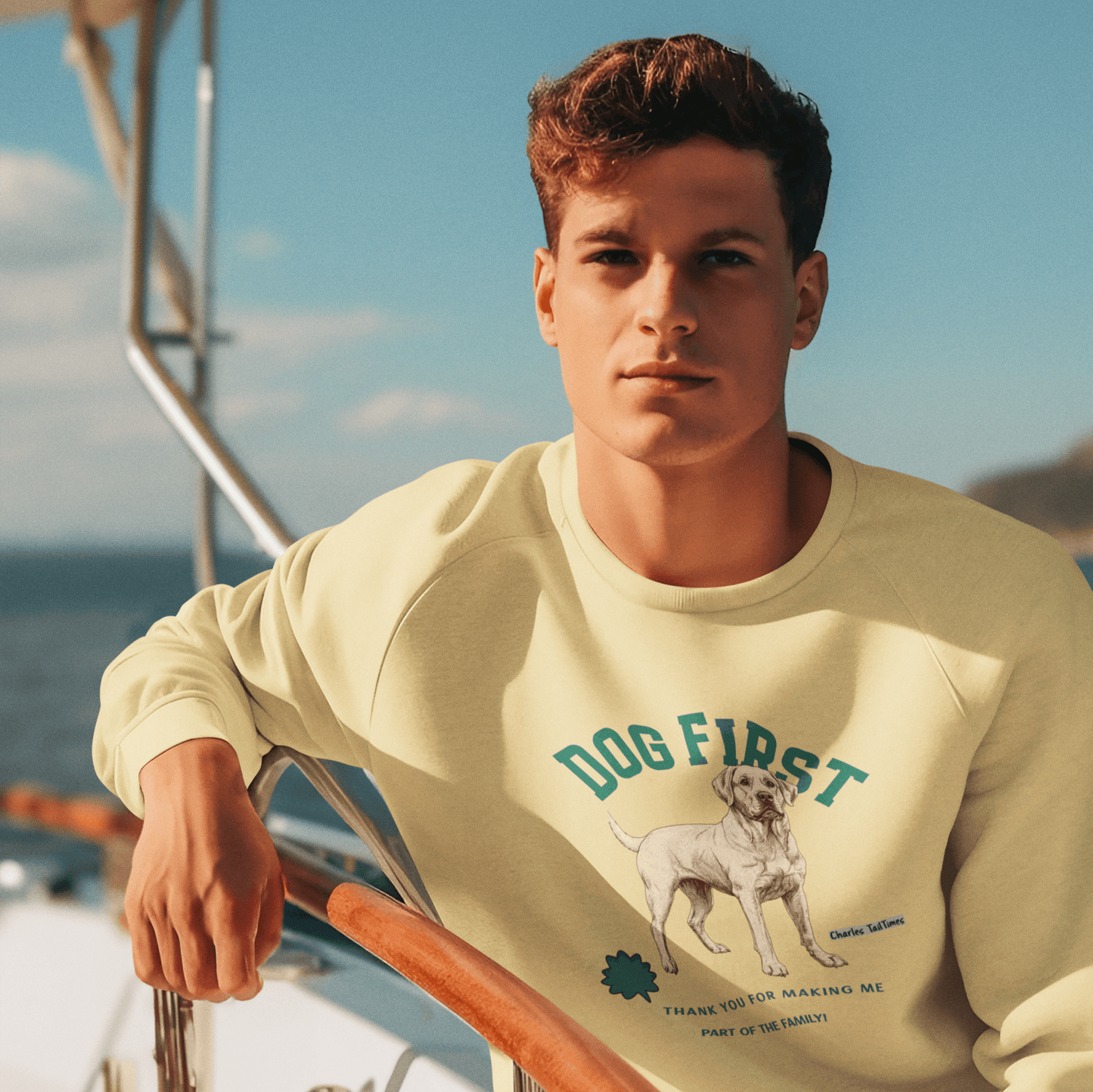 Male model wearing a yellow "Dog First" illustration sweatshirt featuring a Labrador design, set against a yacht and blue sky background.