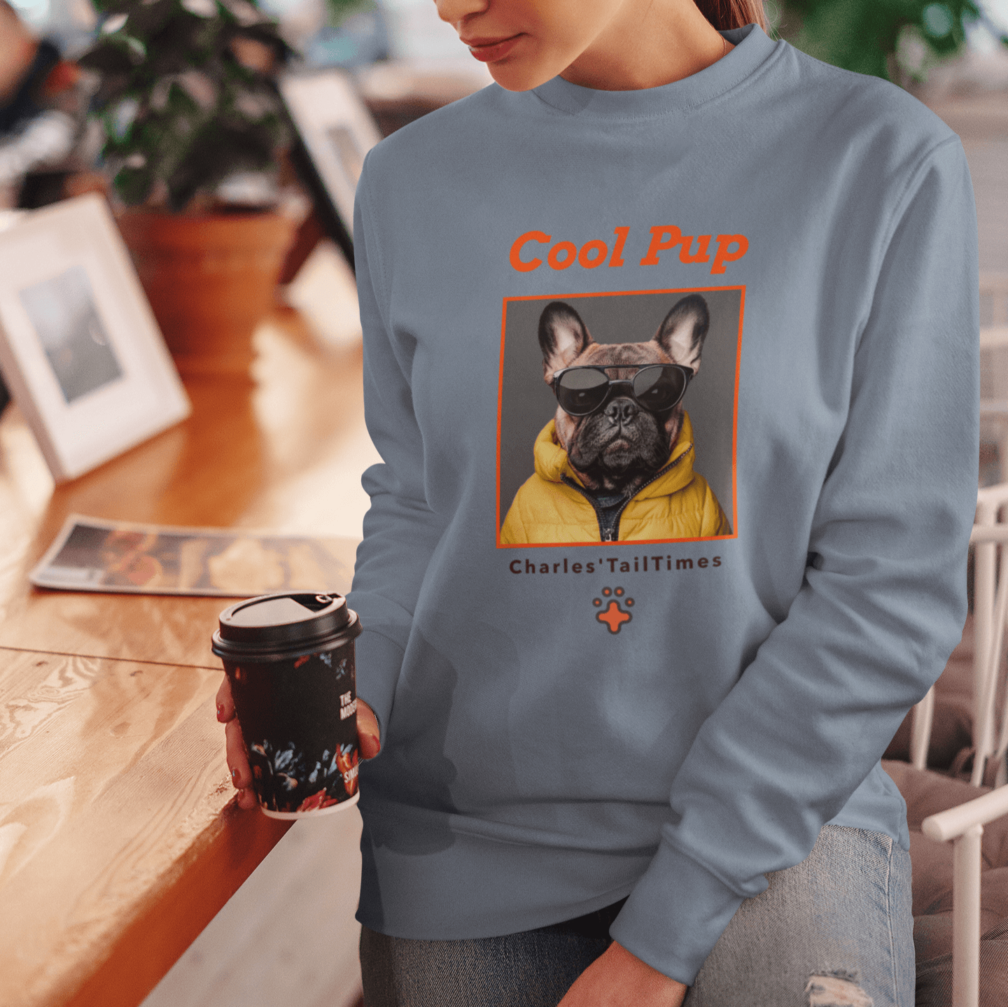 This "Cool Pup" sweatshirt design features a French Bulldog wearing sunglasses and a yellow jacket, with the brand name "Charles' TailTimes," as a woman sits in a café holding a coffee cup.