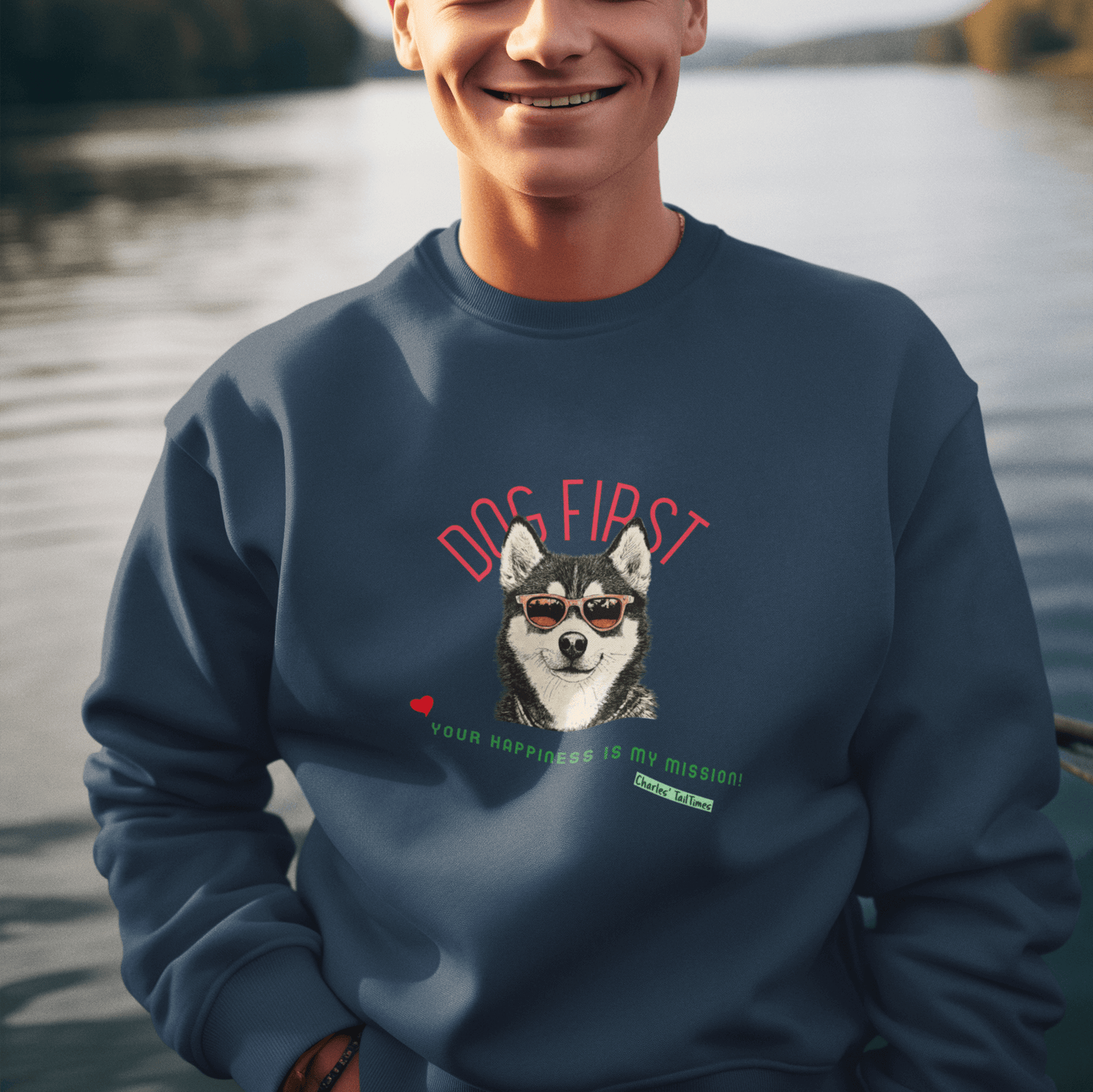 Male model wearing a navy blue "Dog First" illustration sweatshirt featuring a Husky design, with a lake background.