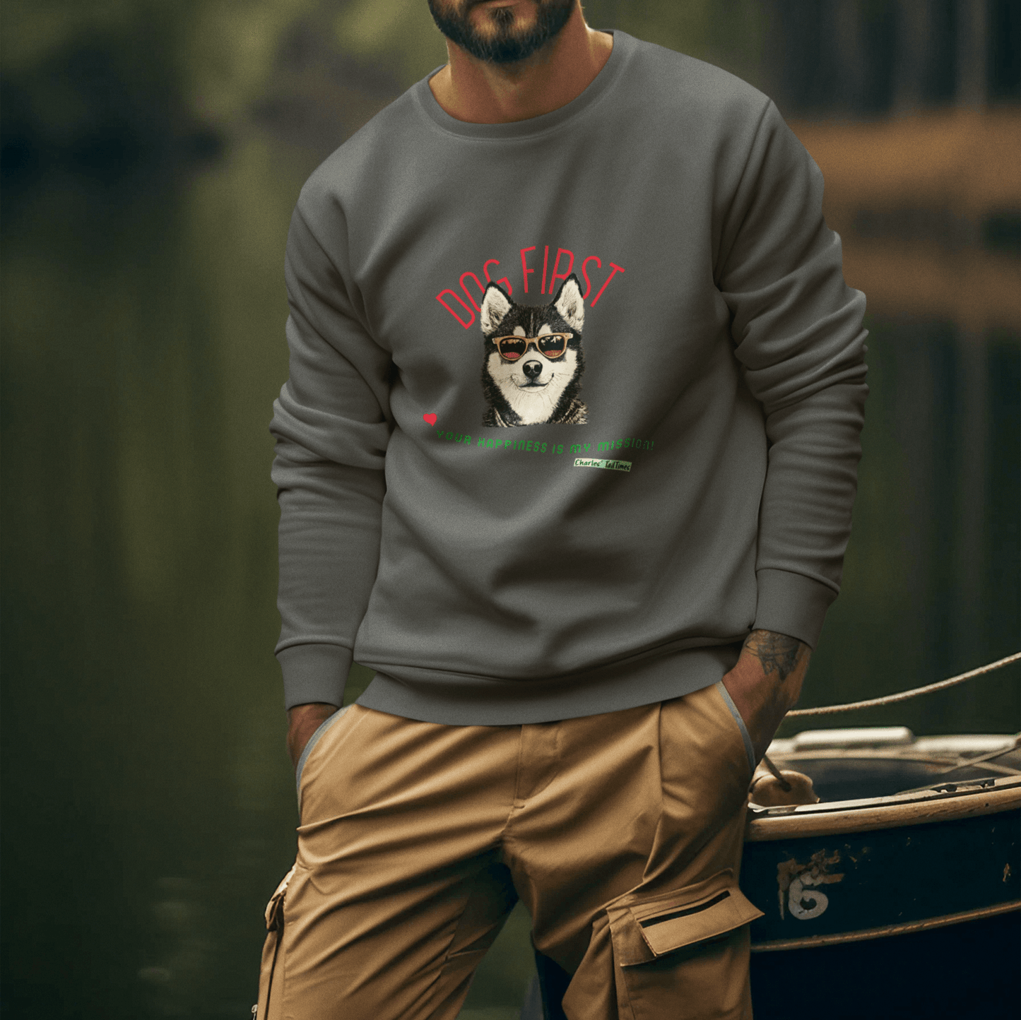 Male model wearing a gray "Dog First" illustration sweatshirt featuring a Husky design with sunglasses, set against a forest backdrop.