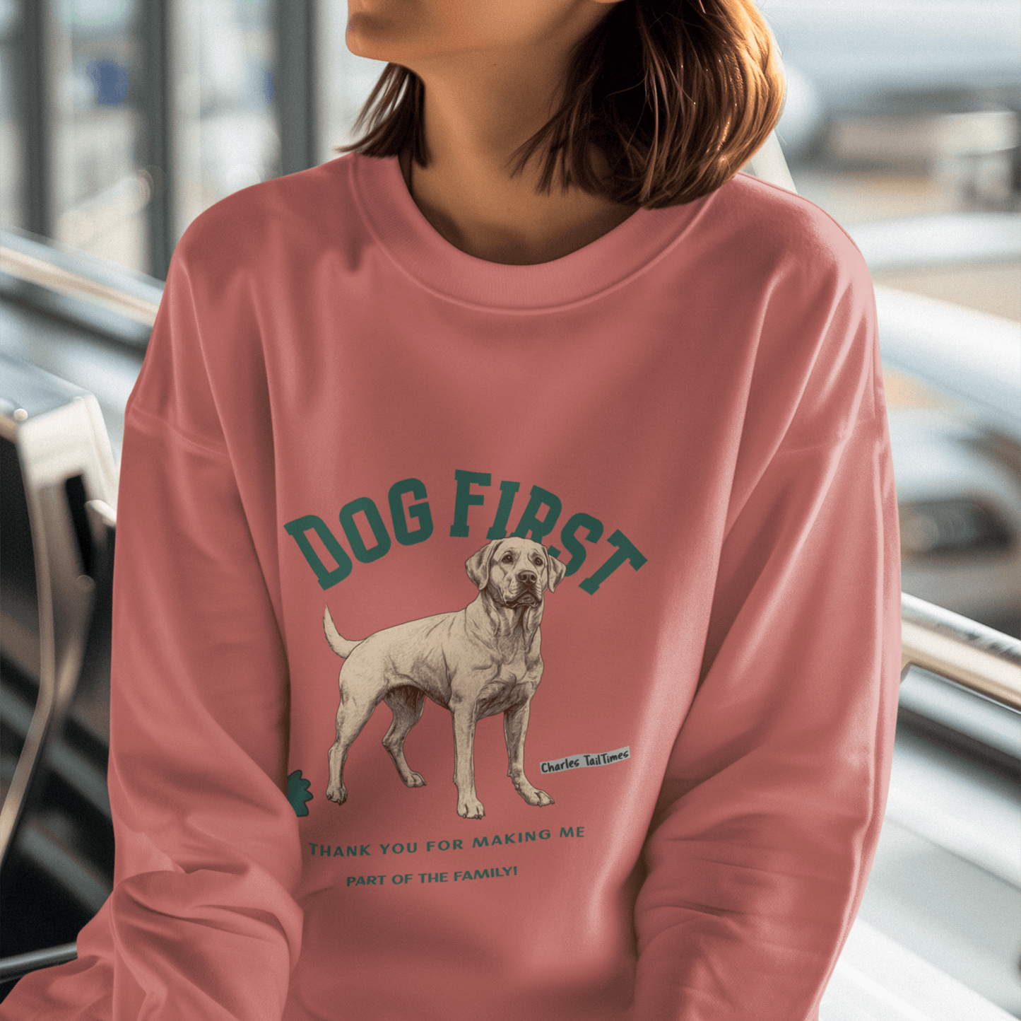 Female model wearing a pink "Dog First" illustration sweatshirt featuring a Labrador design, set against an airport waiting area background.