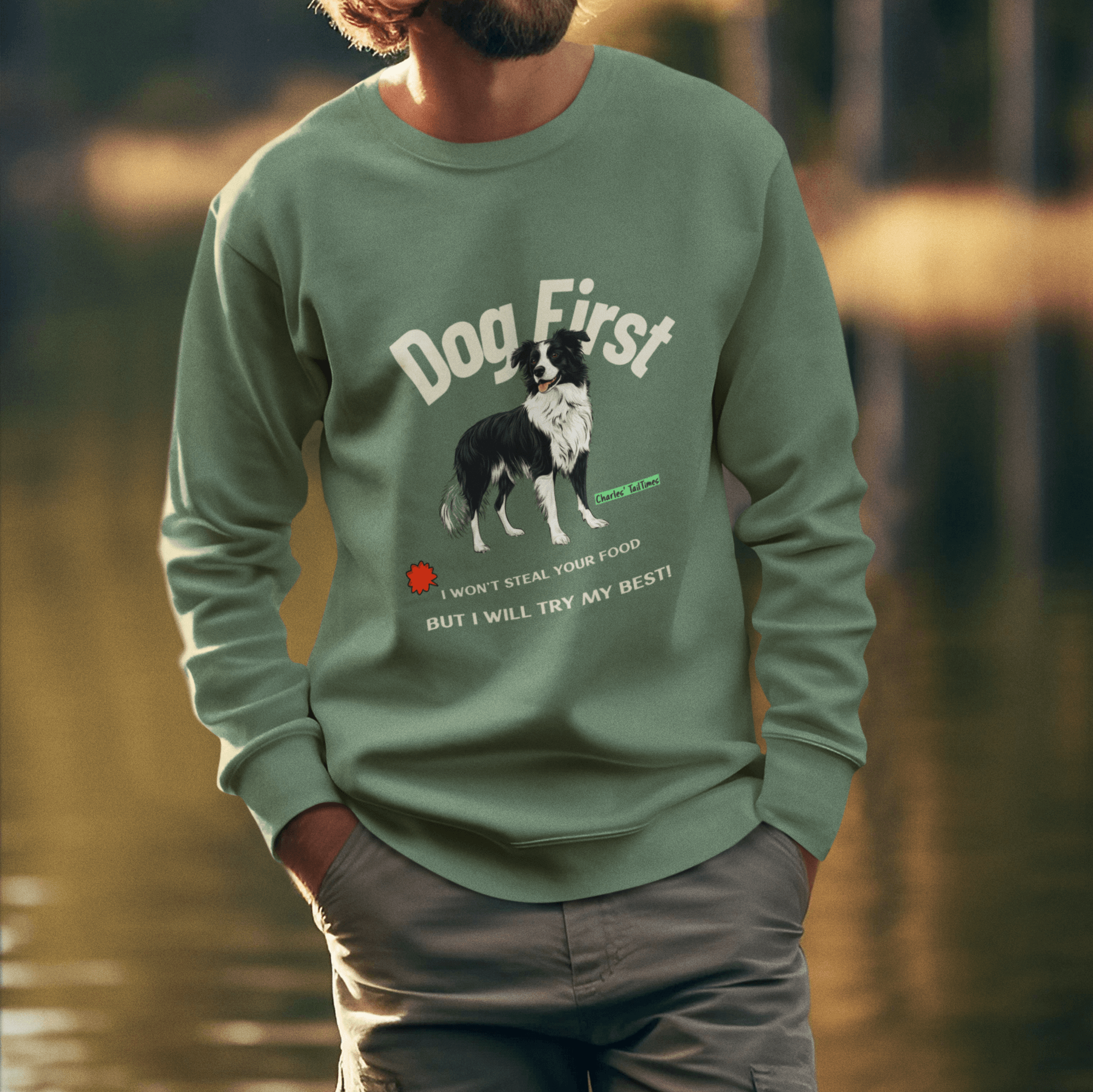 Male model standing outdoors wearing a green crewneck sweatshirt featuring the text 