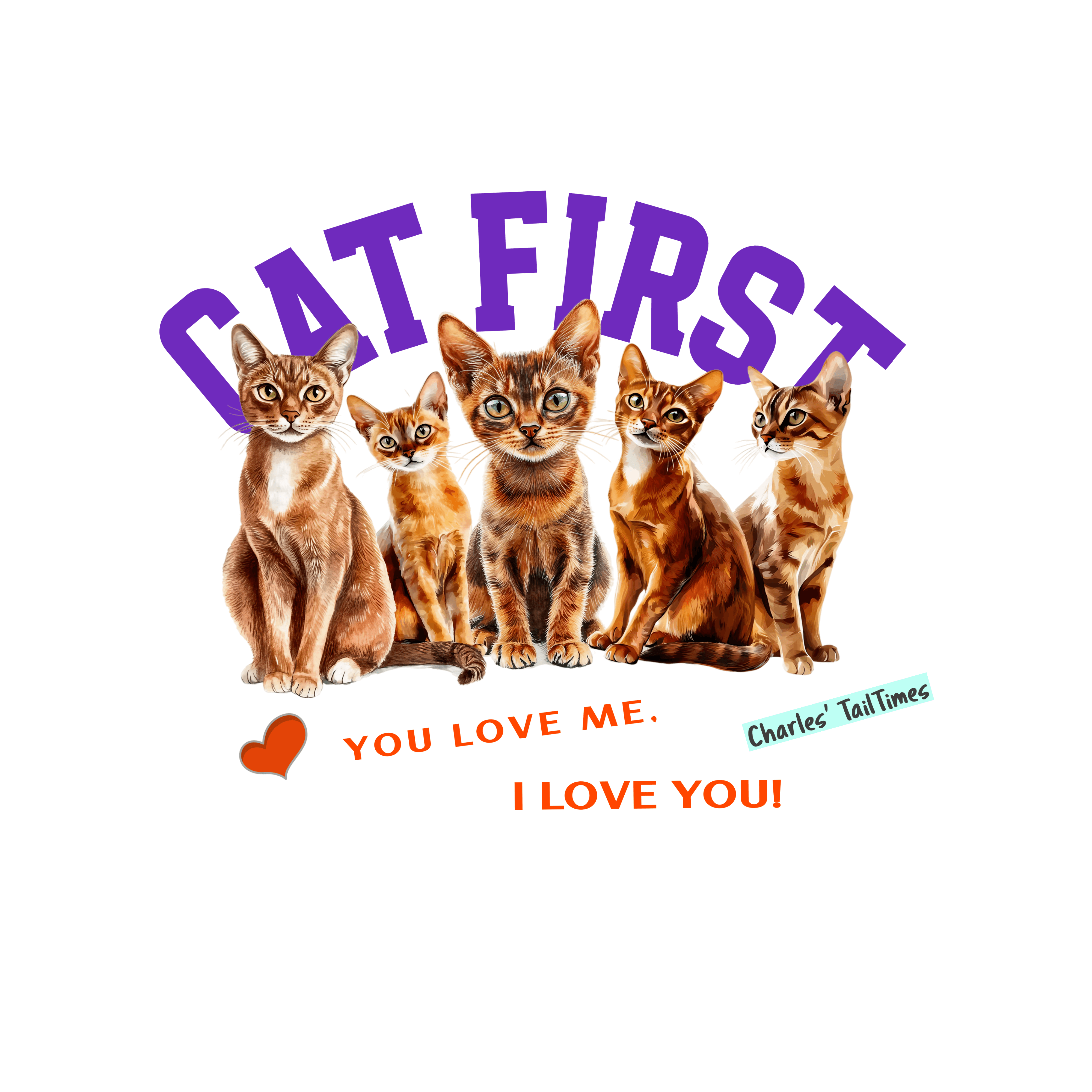 Illustration featuring five Abyssinian cats standing at the center, with the purple text 