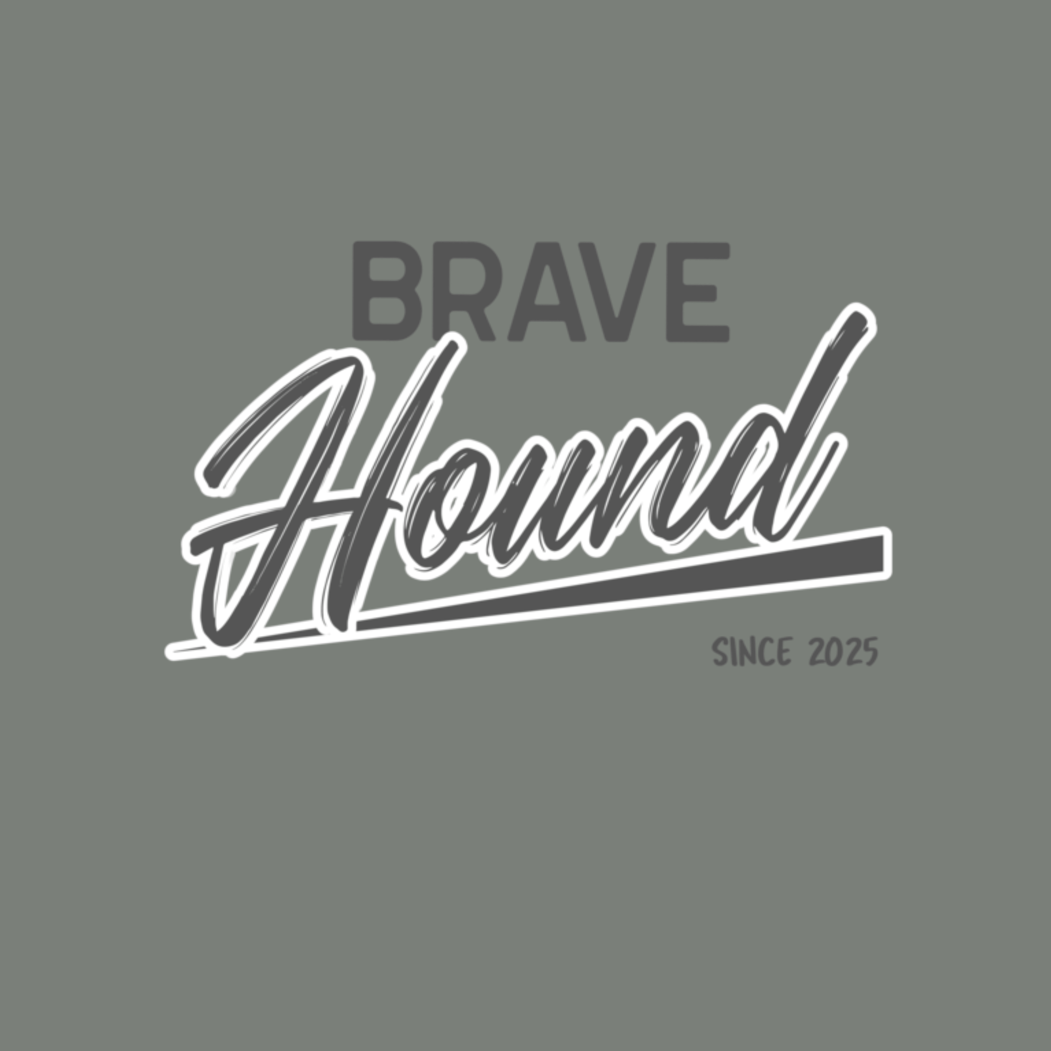 Graphic design featuring the phrase 'Brave Hound' in bold script typography with an underline, complemented by 'Since 2025' text, set on a muted gray background.