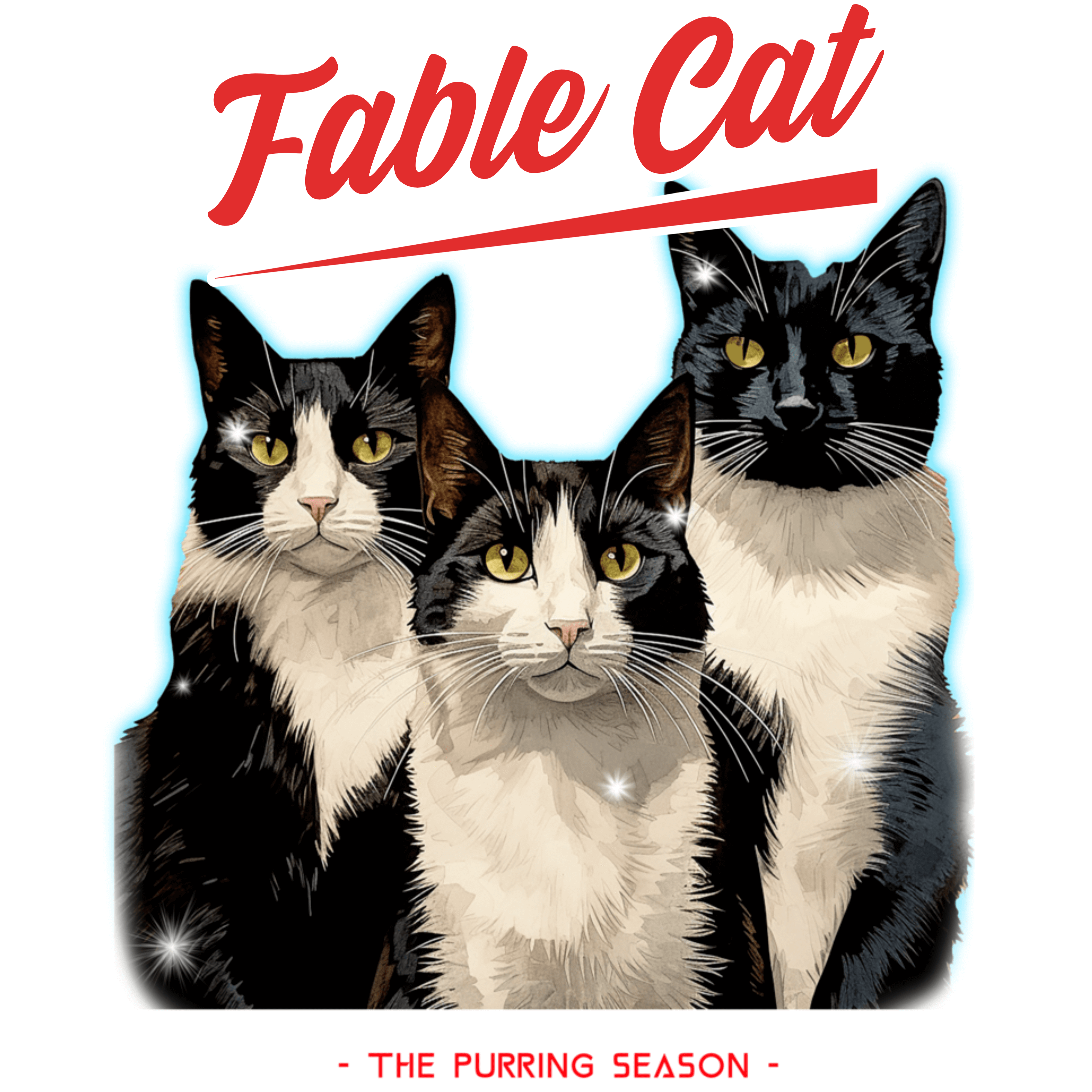 Illustration of three tuxedo cats with the text 'Fable Cat' in bold red typography above them, and the subtitle 'The Purring Season' below.