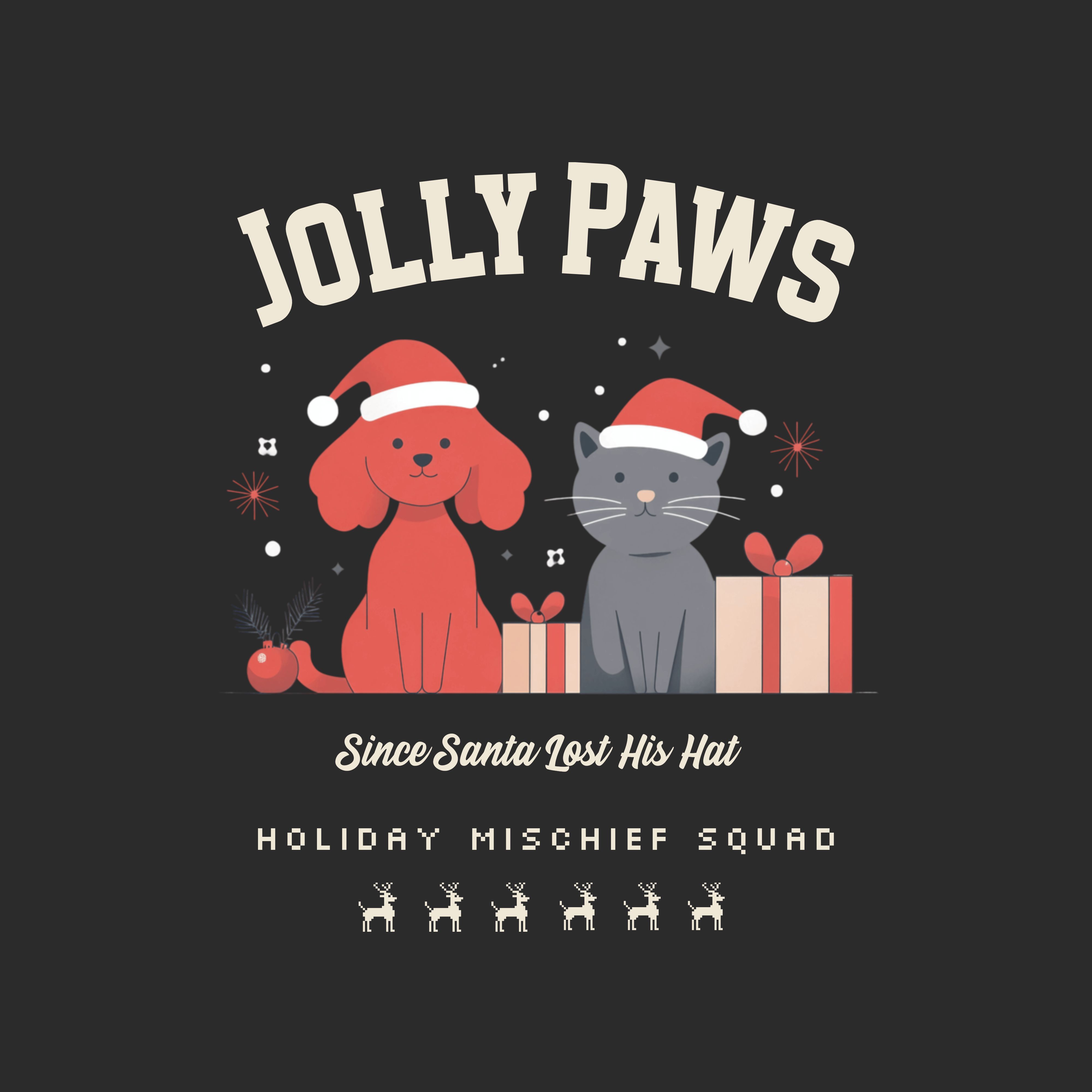 Jolly Paws sweatshirt featuring a festive dog and cat in Santa hats, perfect for Christmas pet lovers and holiday mischief fans.