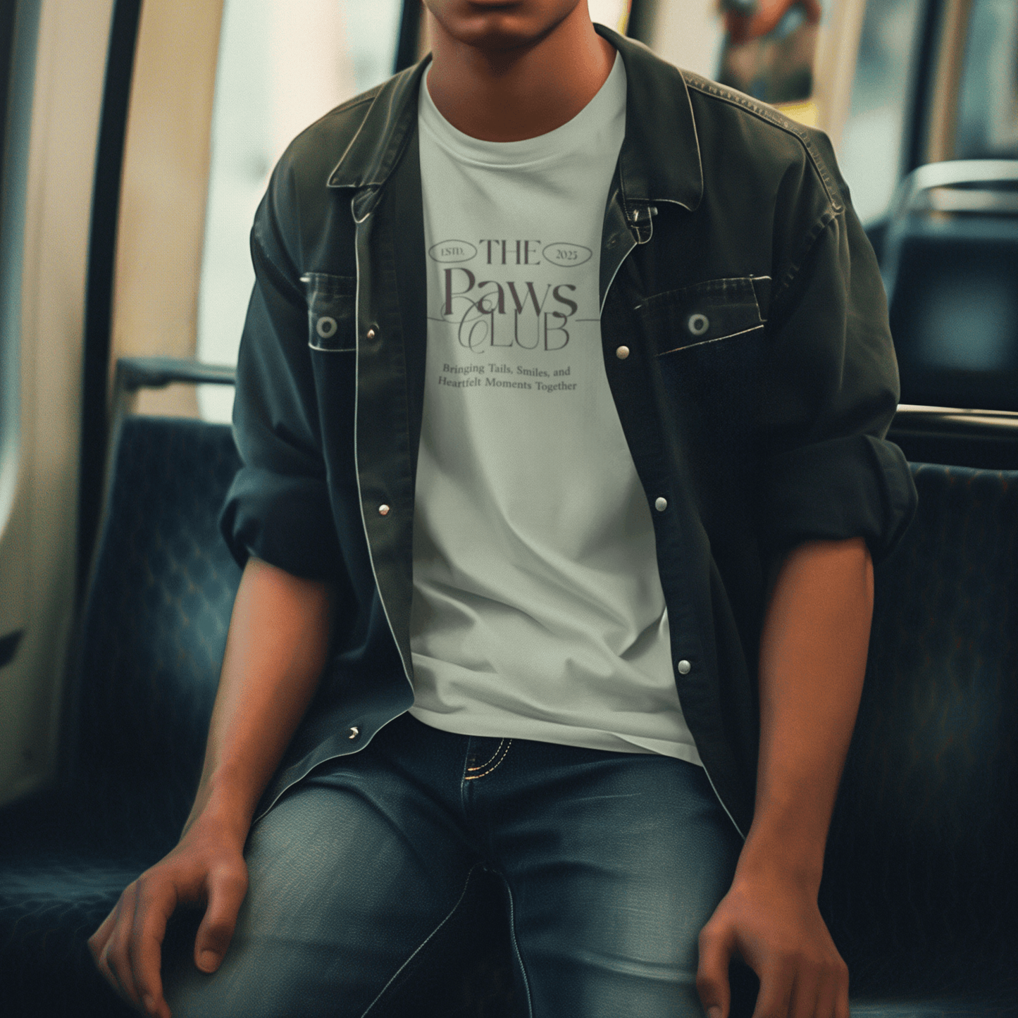 Young man sitting in a subway car, wearing a light green T-shirt with 'The Paws Club' logo and the tagline 'Bringing Tails, Smiles, and Heartfelt Moments Together,' paired with a denim jacket for a casual look.