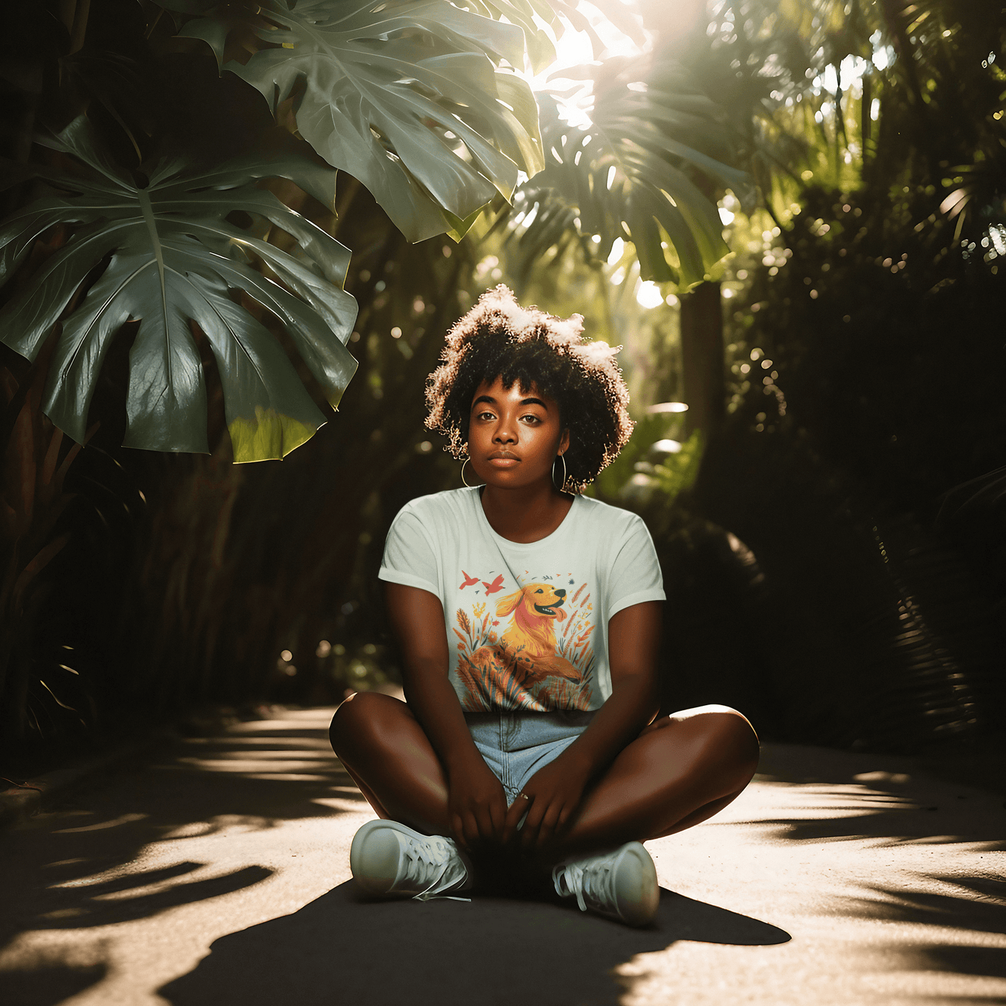 An African-American woman sitting in a tropical foliage setting with sunlight streaming through, wearing a light-colored T-shirt featuring an illustration of a golden retriever and wildflowers, blending nature with fashion.