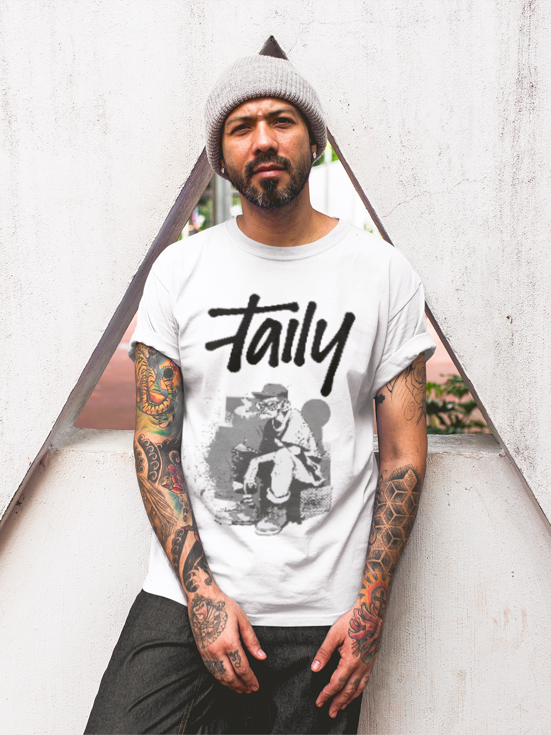 Model wearing Taily Street Scene Graphic Tee with urban character design, showcasing streetwear style and confidence.